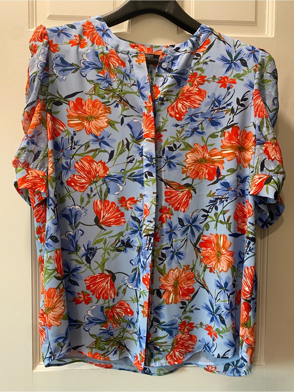 Light Blue Floral Short Sleeve Blouse with Orange Blooms by Tahari